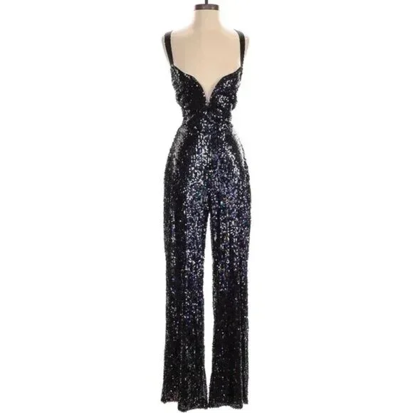 🪩💋70s GLAM DISCO ERA!💋🪩 High-Shine Iridescent Black Sequin Lace-Up Jumpsuit - Picture 6 of 10